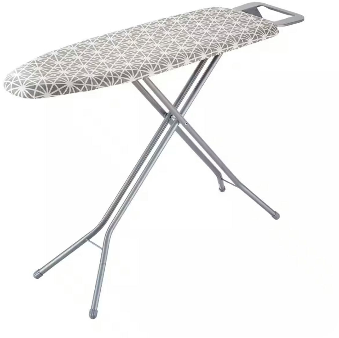 A metallic ironing board with a geometric pattern on the surface.