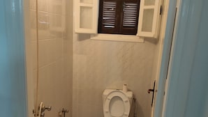 A bathroom with a toilet, a shower, and a sink. - Studio Amine  (Mahdia)