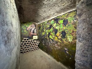 A narrow passage with a wall mural depicting grapevines and a sign reading 'O. G. KOBERA DEL GUERO'.