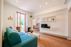 A modern living room with a sofa, a coffee table, and a TV on a white wall. - Private garden and terrace · Convenient parking (FIRENZE)