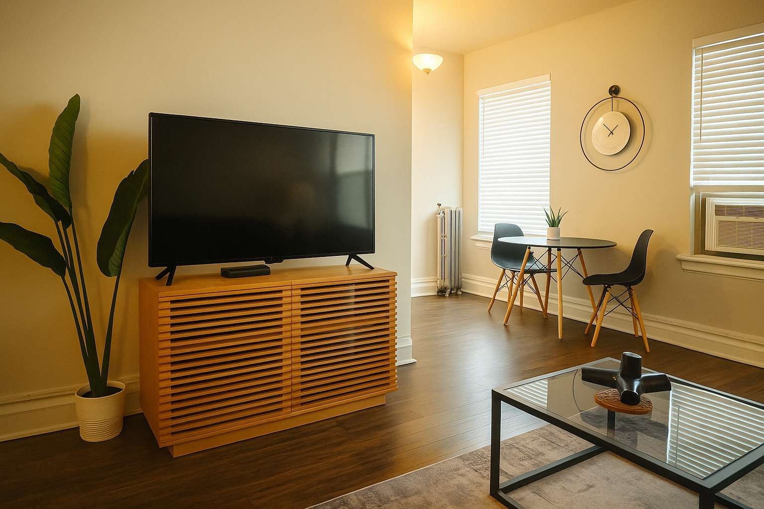 Una sala de estar con un televisor de pantalla plana sobre un soporte de madera, una mesa de centro de vidrio, una zona de comedor con dos sillas y una planta en maceta.