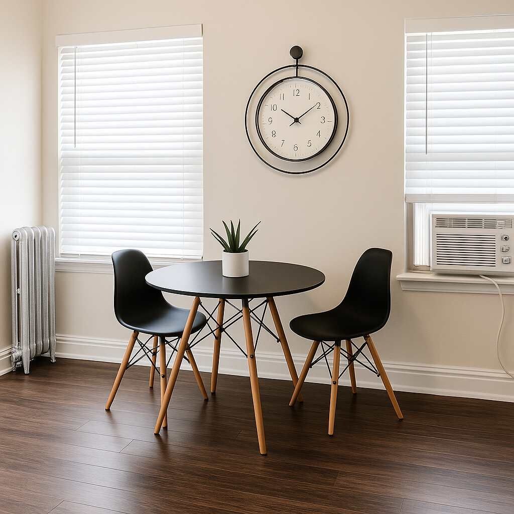 Una habitación con una mesa redonda, dos sillas negras, una planta en maceta y un reloj de pared.