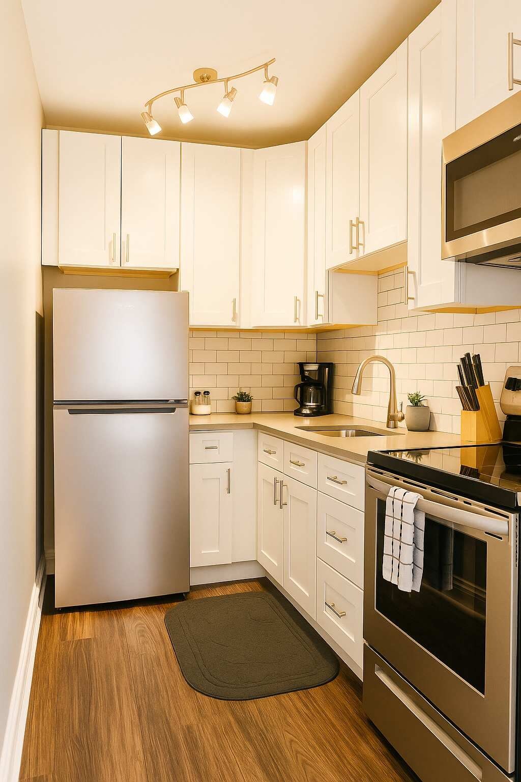 Una cocina moderna con armarios blancos, un refrigerador de acero inoxidable, una cafetera y un horno.