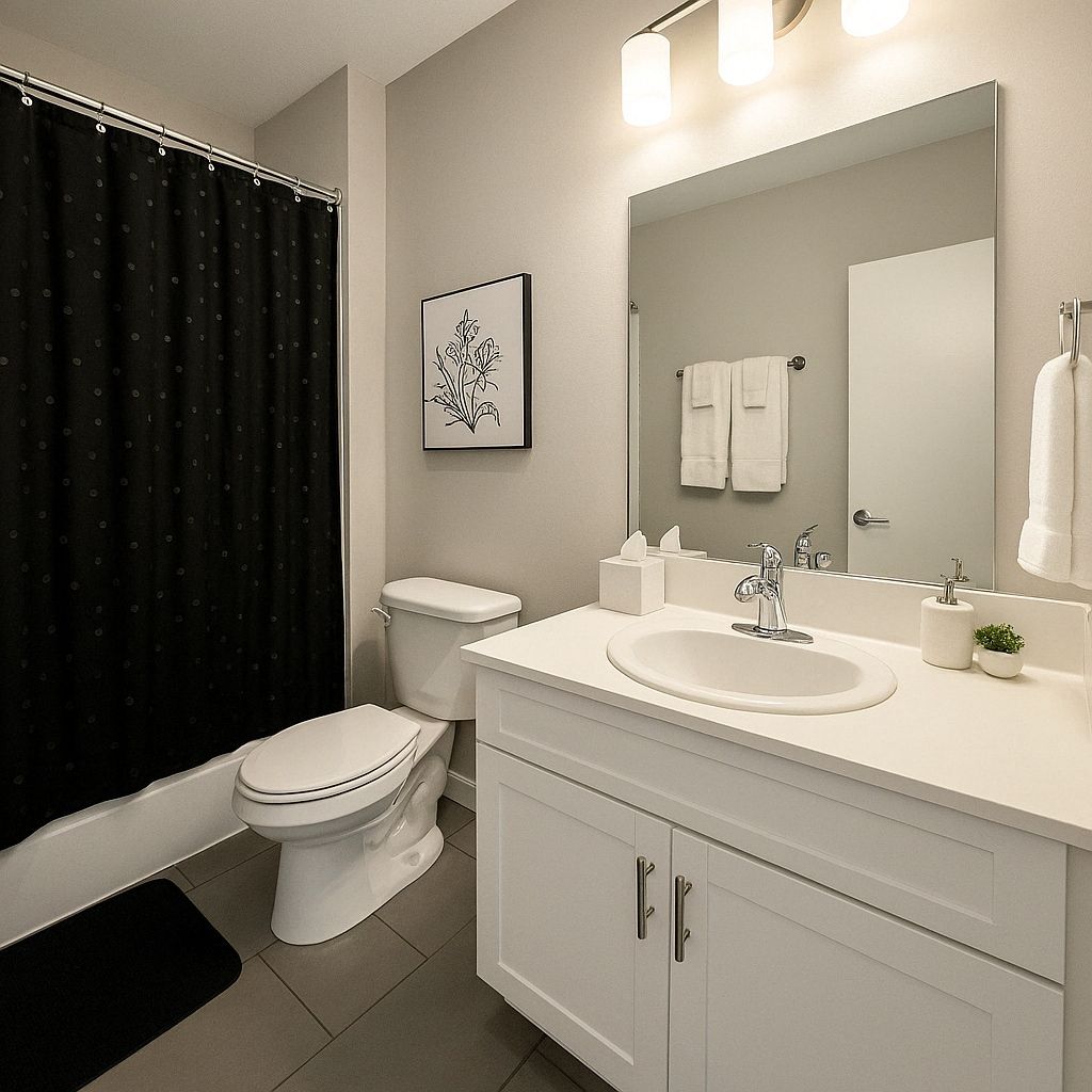Shower, hair dryer, shampoo