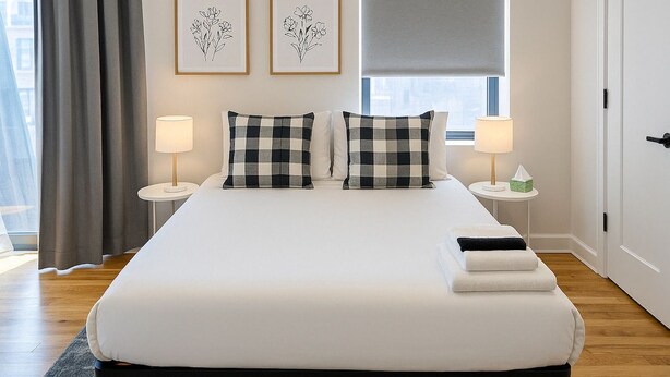Quarto de hotel com uma cama grande, duas mesas de cabeceira, uma janela com cortinas e duas obras de arte emolduradas na parede.