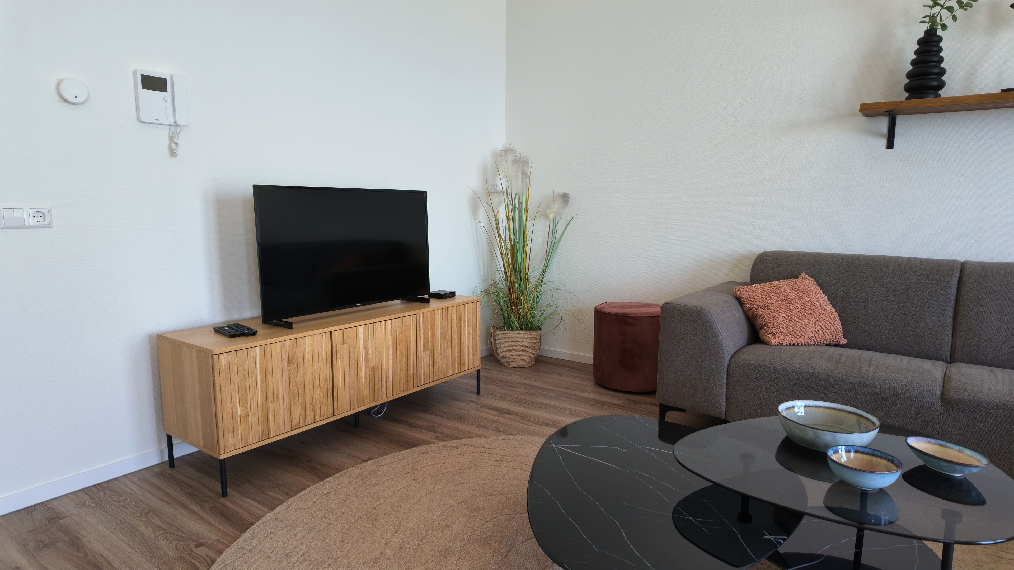 Un salon moderne avec un téléviseur à écran plat posé sur un meuble en bois, un canapé gris agrémenté d’un coussin décoratif, une table basse avec des bols et une plante en pot.