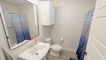 A bathroom with a sink, toilet, mirror, and patterned shower curtain.