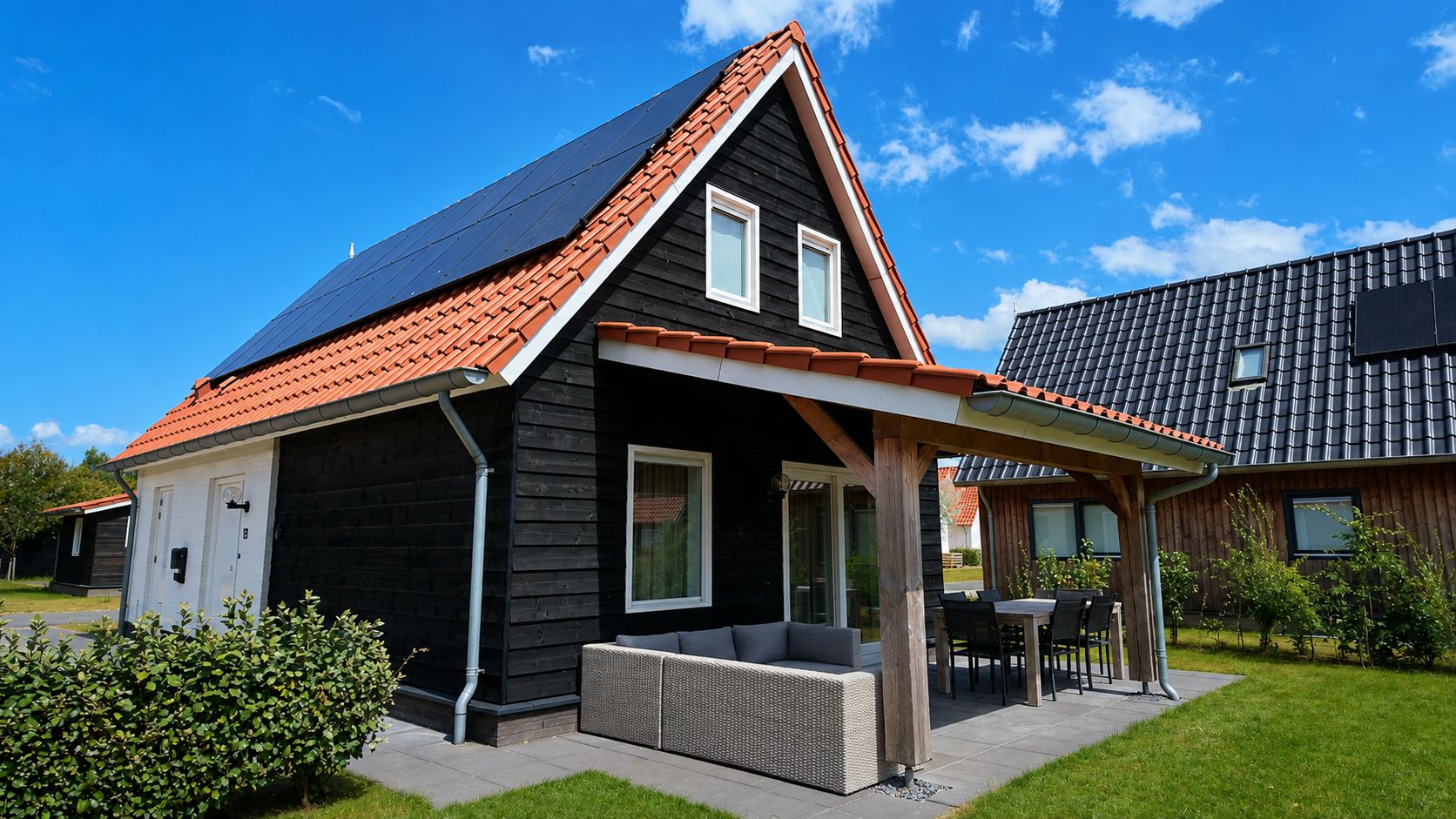 Une maison moderne avec un toit en pente, un patio couvert et un jardin.