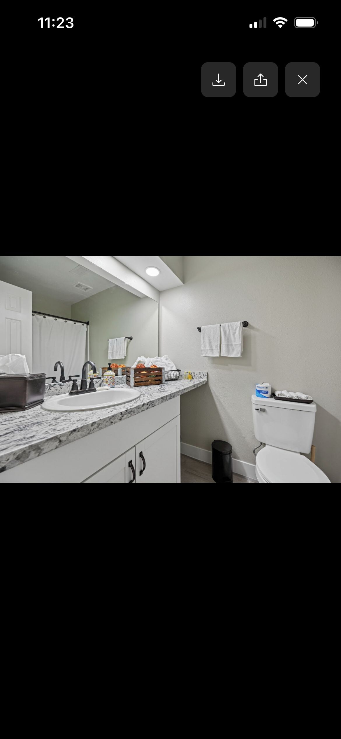 Shower, hair dryer, towels, toilet paper