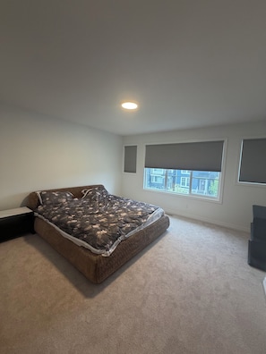 A bedroom with a large bed, a window with blinds, a ceiling light, and a carpeted floor.