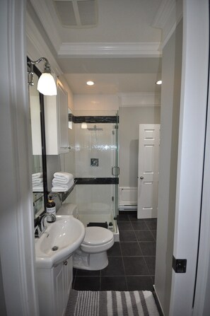 Ein Badezimmer mit einer Duschkabine aus Glas, einem weißen Waschbecken und einer Toilette.