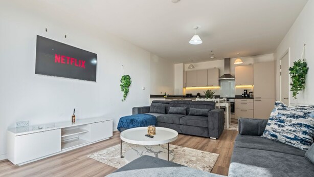 En moderne stue med en grå sofa, et sofabord og et fladskærms-tv, der viser Netflix-logoet.