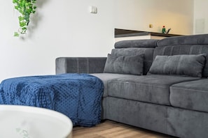A grey sofa with multiple cushions, a blue knitted throw, and a white table with a green plant hanging above.