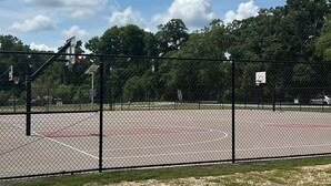 Una cancha de baloncesto con una cerca de malla metálica, árboles al fondo y un cielo despejado.