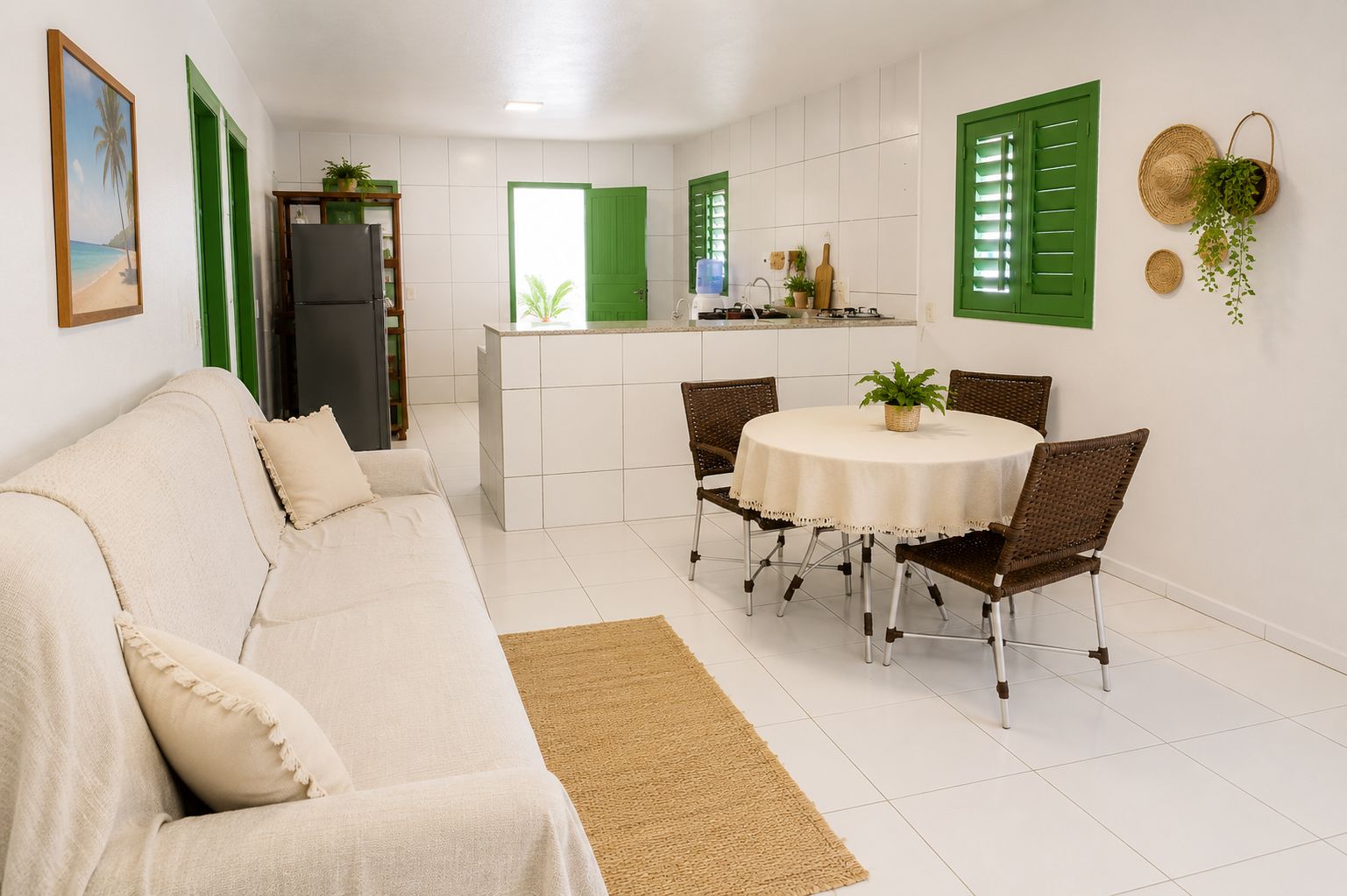 A modern living room with a sofa, a dining table with chairs, a kitchen area with a refrigerator, and a green door.