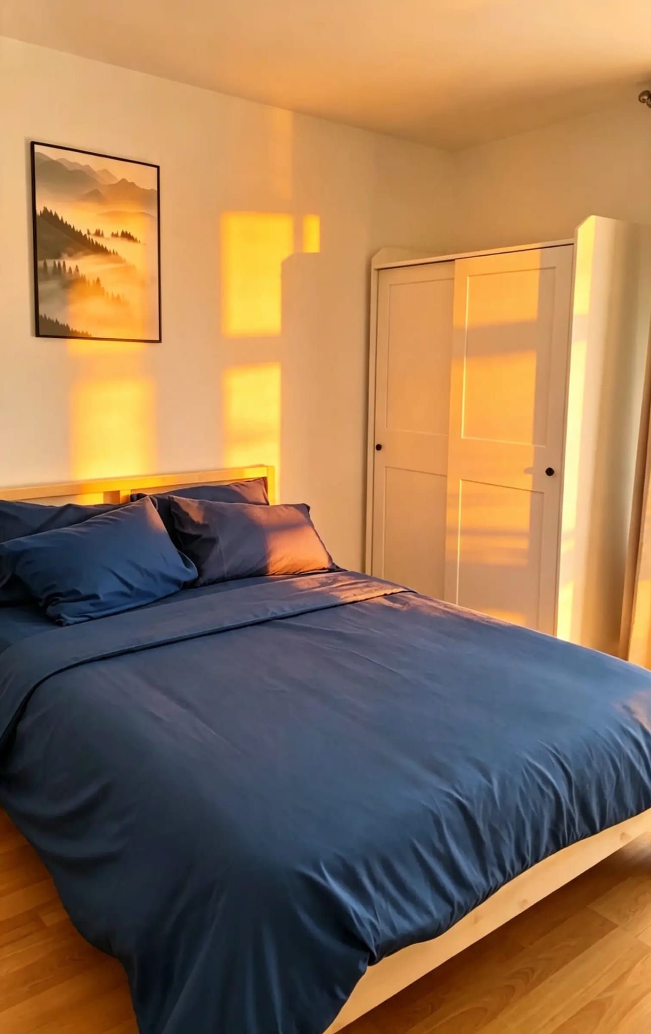 Ein Schlafzimmer mit Bett, Tür und einem an der Wand hängenden Bild.