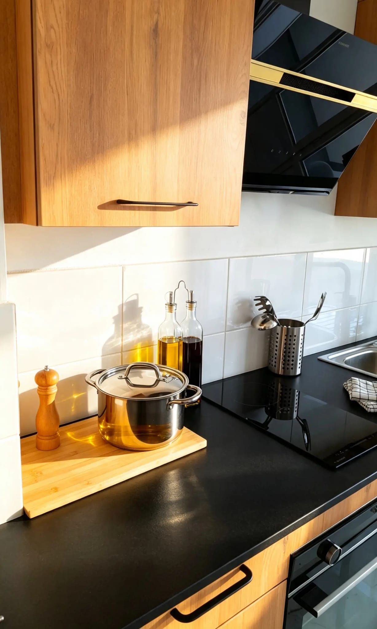Une cuisine avec des meubles de rangement en bois, un plan de travail noir, une cuisinière et divers ustensiles de cuisine.