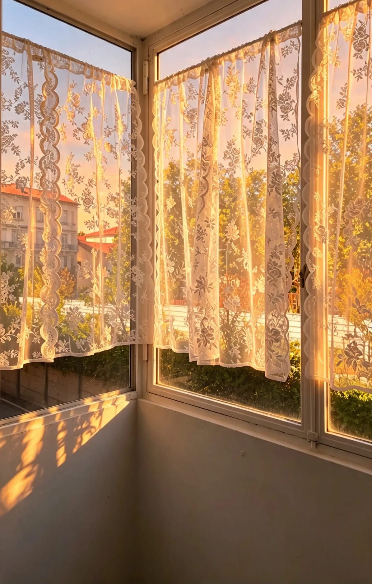 Ein Zimmer mit einem Fenster, bunte Vorhänge und Blick auf Gebäude und Bäume.