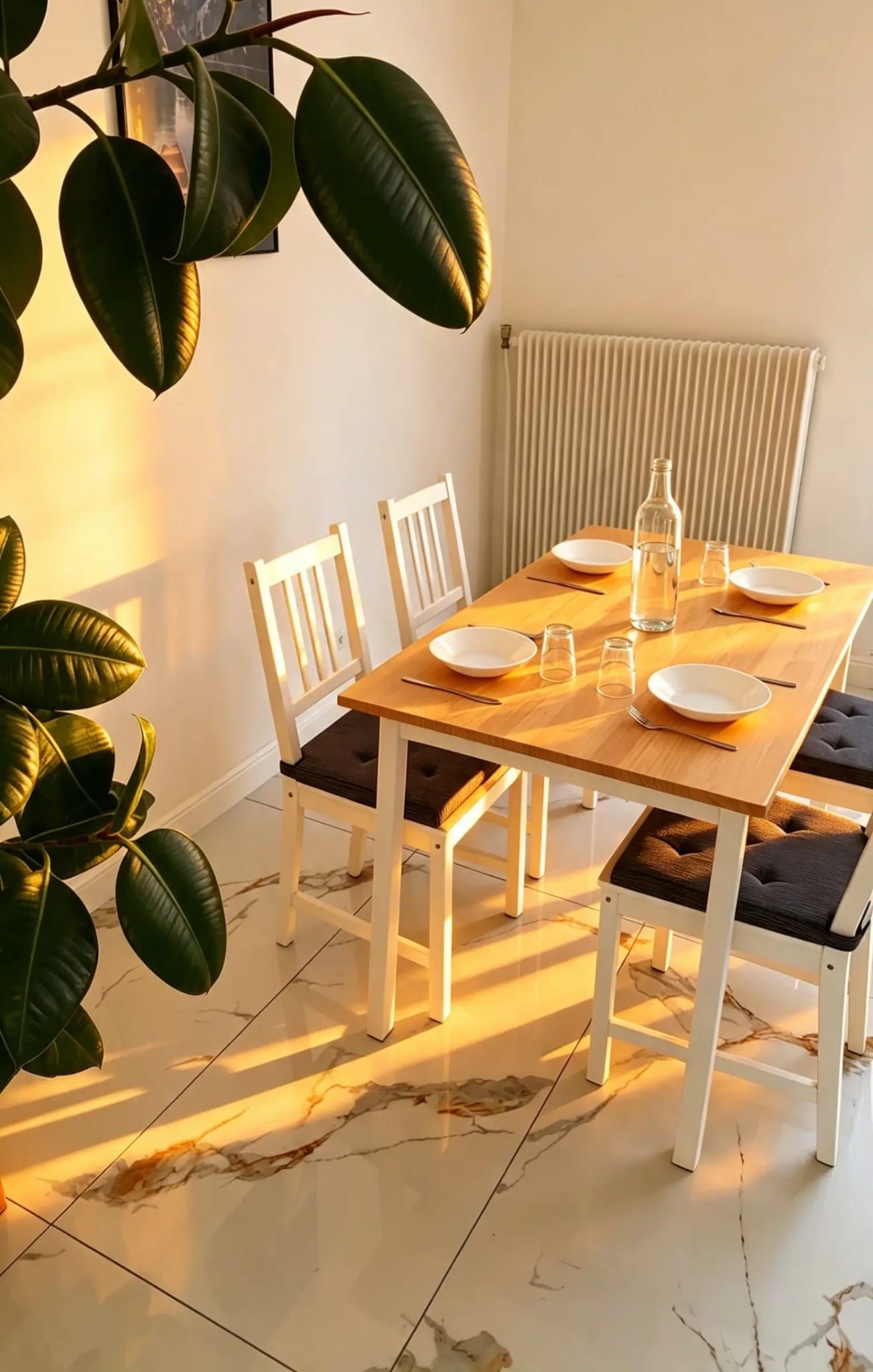 Un coin repas avec une table en bois, des chaises blanches et une plante en pot.