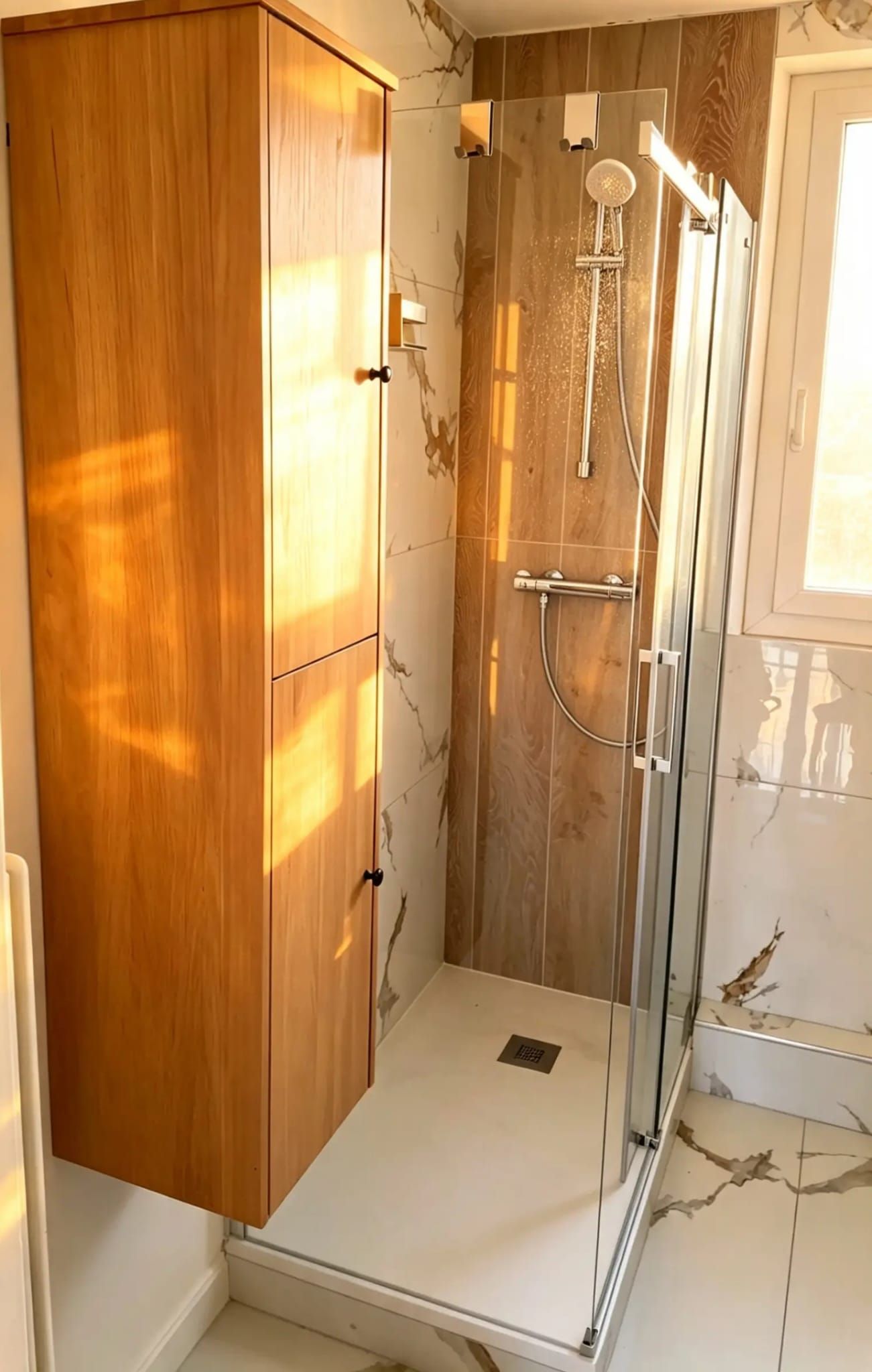 Une douche à l’italienne avec un meuble en bois et une porte en verre.