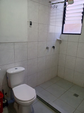 A bathroom with a toilet, a shower area, and a window. - Hostal Suma Qamaña (Copacabana)