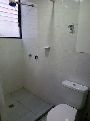 A bathroom with a toilet, a shower, and a window.