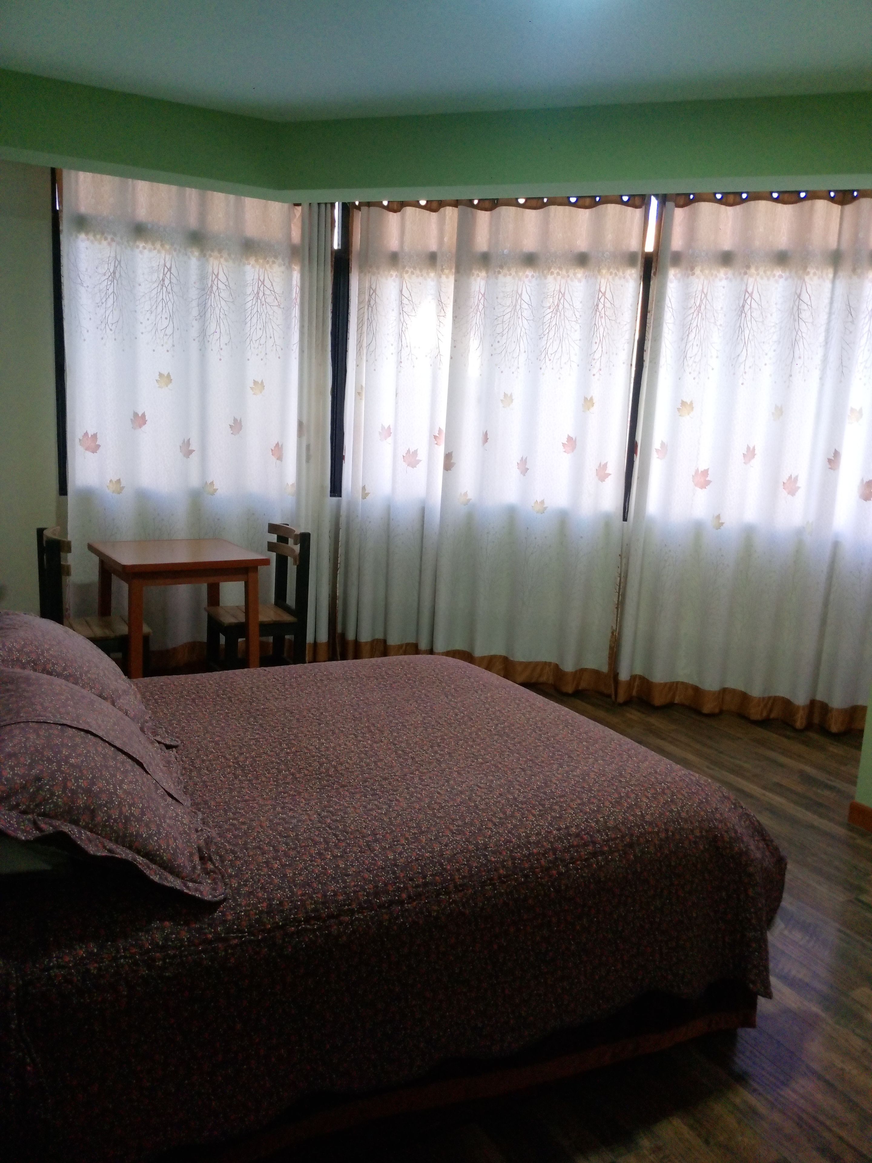 Una habitación con una cama, una mesita pequeña y cortinas con diseño de hojas.