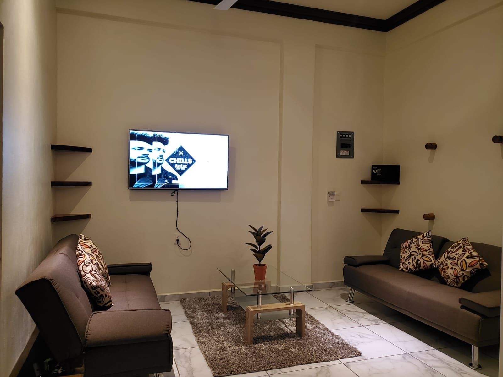 Una sala de estar con dos sofás, una mesa de centro, un televisor montado en la pared y una planta pequeña sobre la mesa.