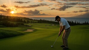 Een golfbaan met uitzicht op een zonsondergang, een waterpartij en een bebost gebied.