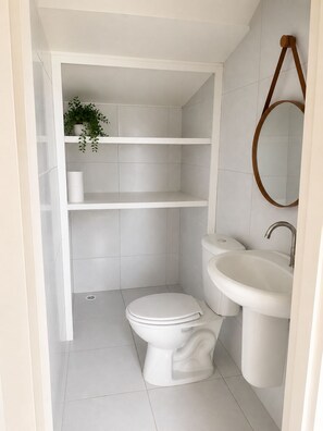 Un baño con inodoro, lavamanos y estantes.
