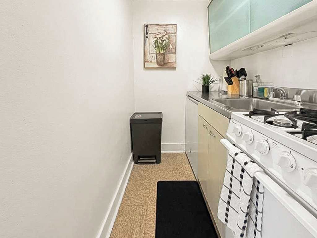 A compact kitchen with a stove, sink, and a trash bin.