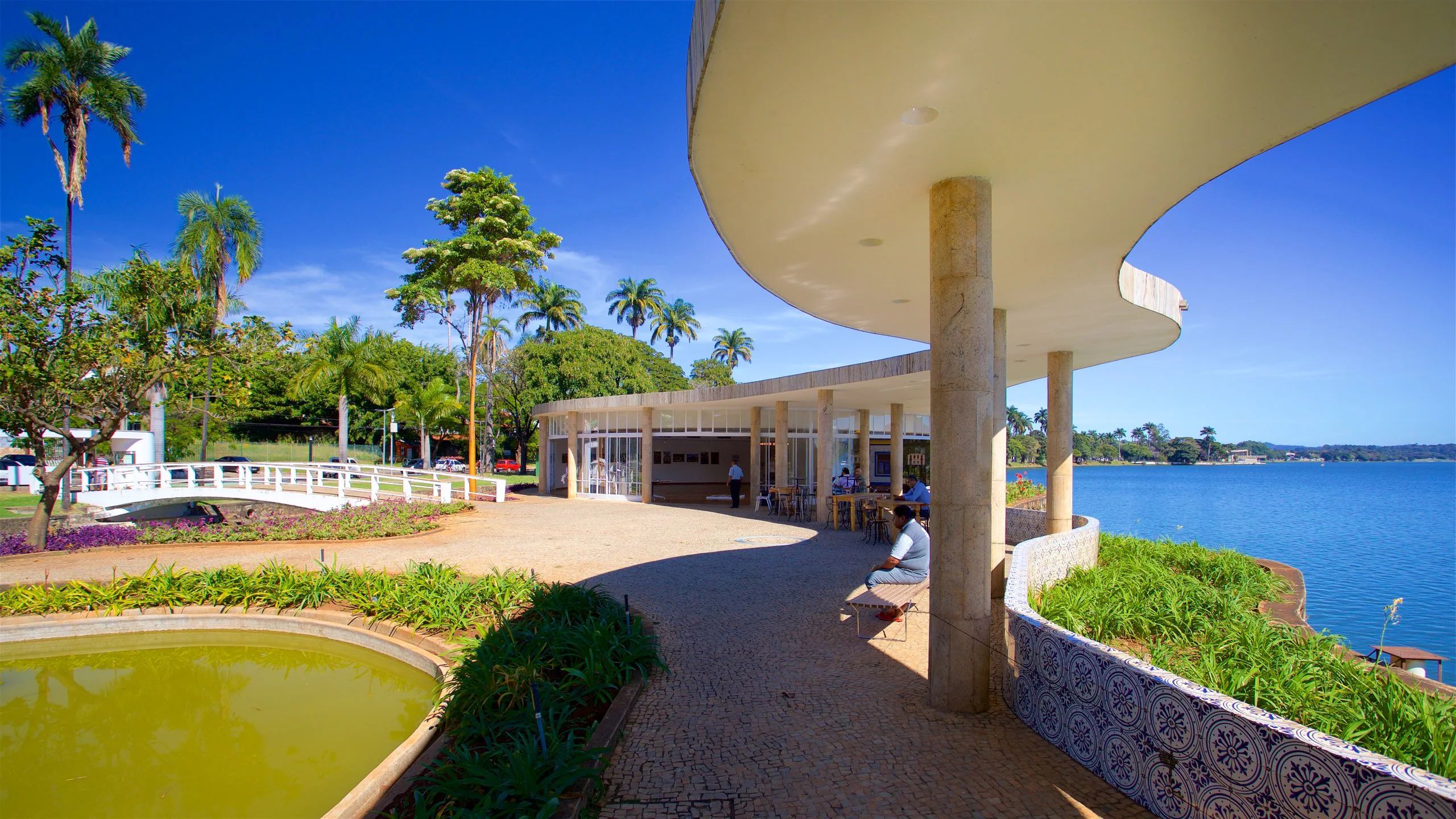 Área externa coberta com piscina, palmeiras e vista para a água.