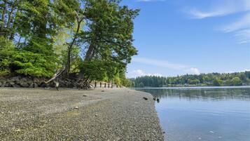 A pebbled beach with trees and a calm lake.