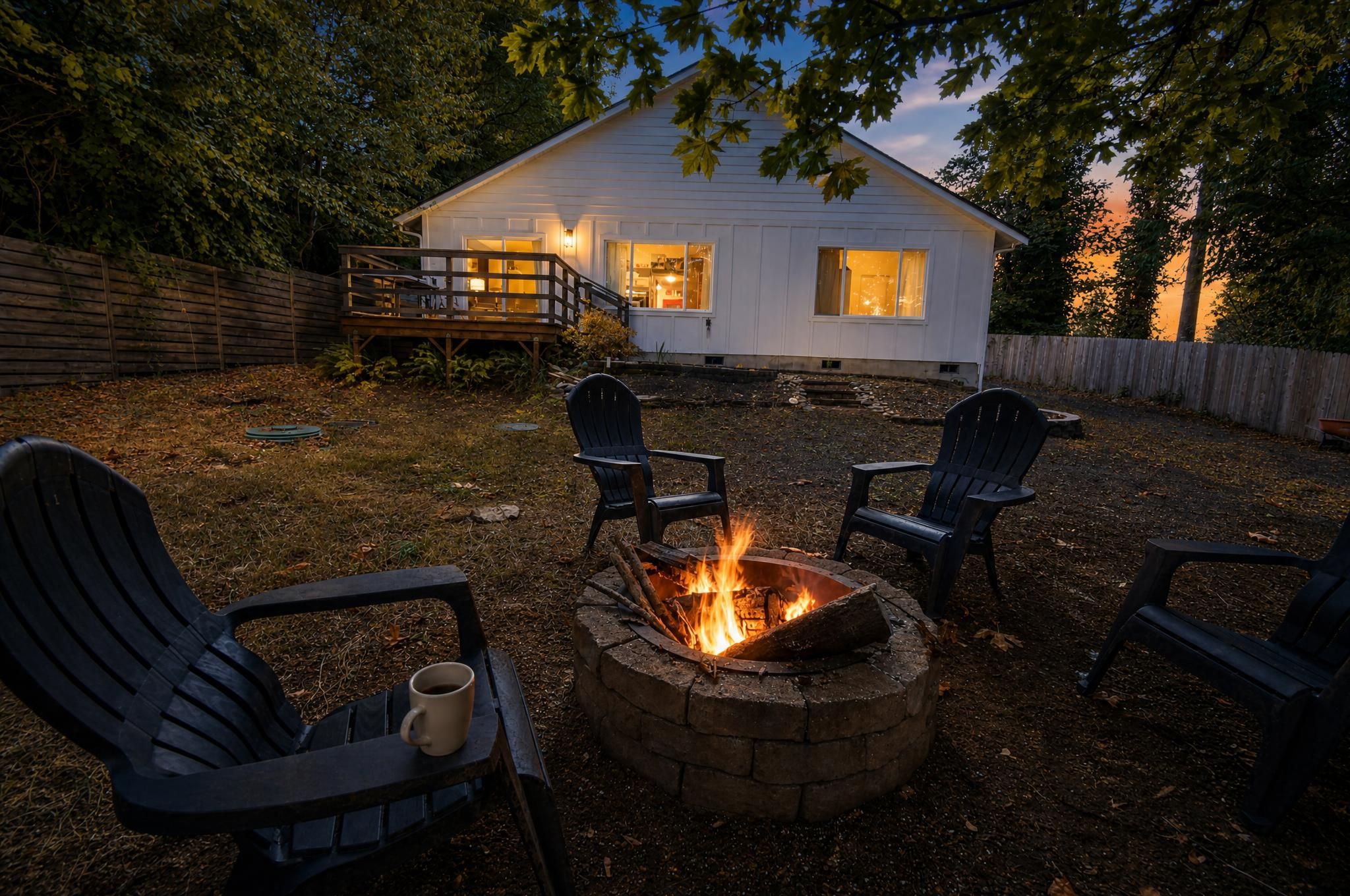 A backyard with a fire pit, outdoor seating, and a house in the background.
