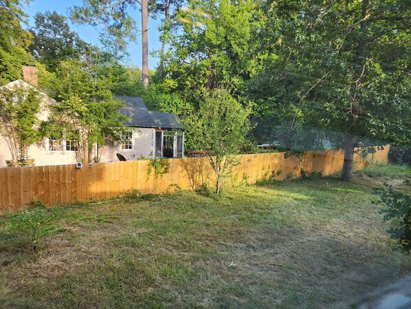 A residential backyard with a wooden fence, a small shed, and a lawn.