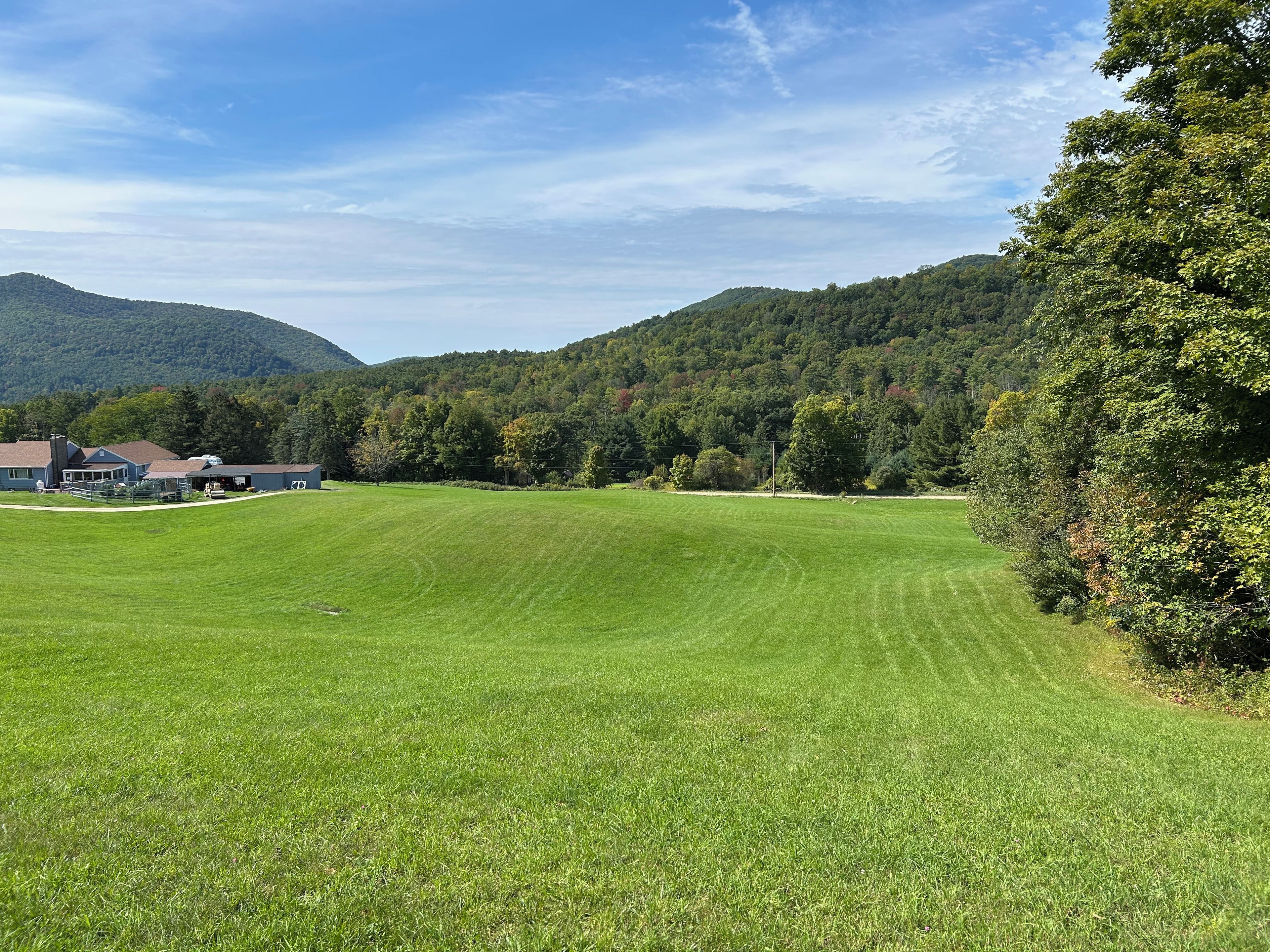 A green field with a building and trees in the background.