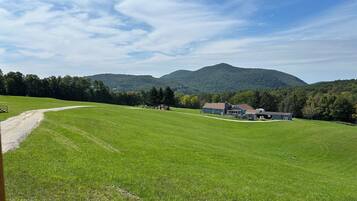 A rural landscape with a house, a gravel path, and a mountain in the background.
