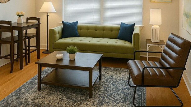 A living room with a green sofa, a brown leather chair, a coffee table, and a dining area with a table and chairs. - 1BR Fully Equipped & Central (Chicago)