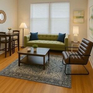 A living room with a green sofa, a brown leather chair, a coffee table, and a dining area with a table and chairs. - 1BR Fully Equipped & Central (Chicago)