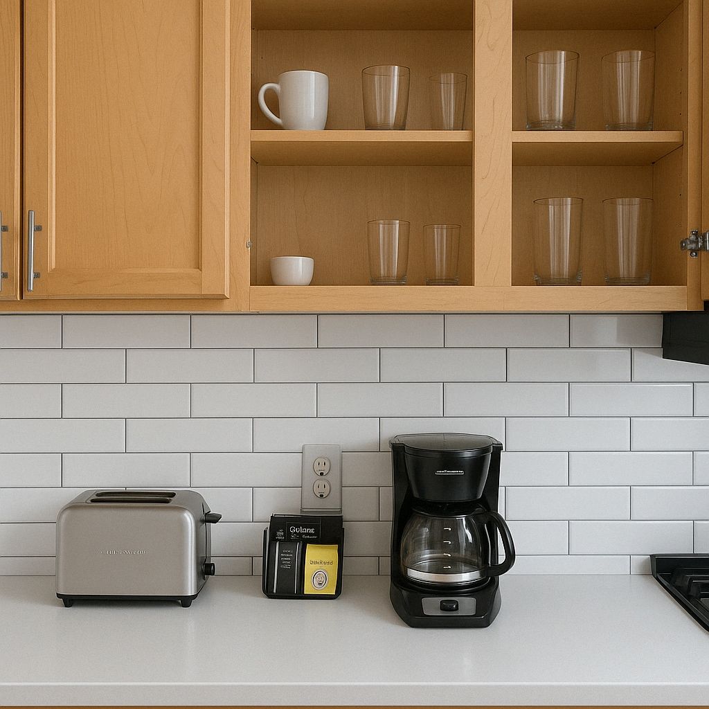 Une cuisine équipée d’un grille-pain, d’une machine à café et d’une étagère où sont rangées des tasses et des verres.