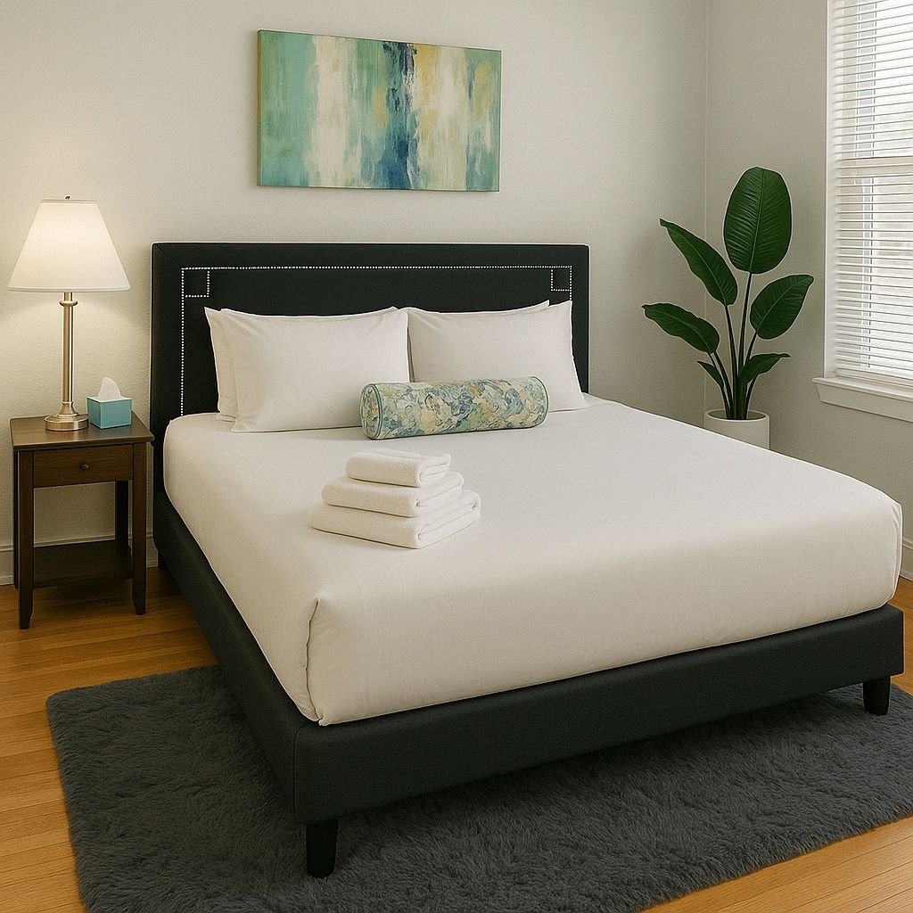 Cama bem arrumada com lençóis brancos, cabeceira escura e almofada decorativa.