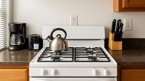 Cozinha com fogão branco, chaleira, cafeteira e bloco de facas.