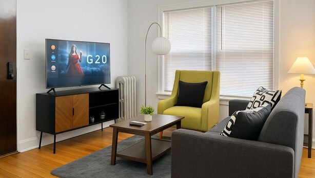 En moderne stue med et fladskærms-tv, en sofa, et sofabord og en lampe.