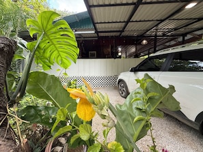 A white car parked under a covered area with a white fence and a tree with large green leaves in the foreground.
