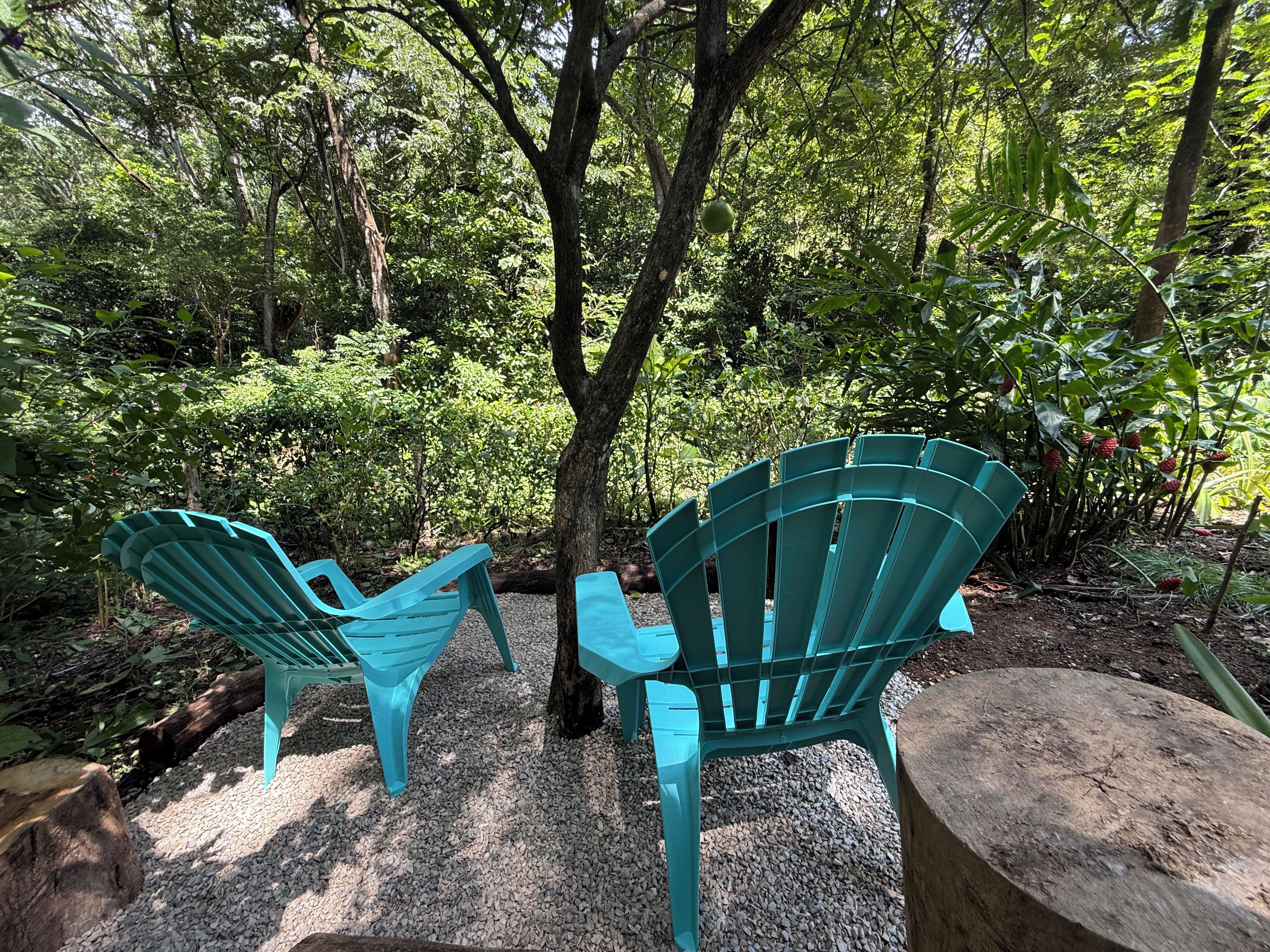 Two green Adirondack chairs facing each other with a tree in the background.