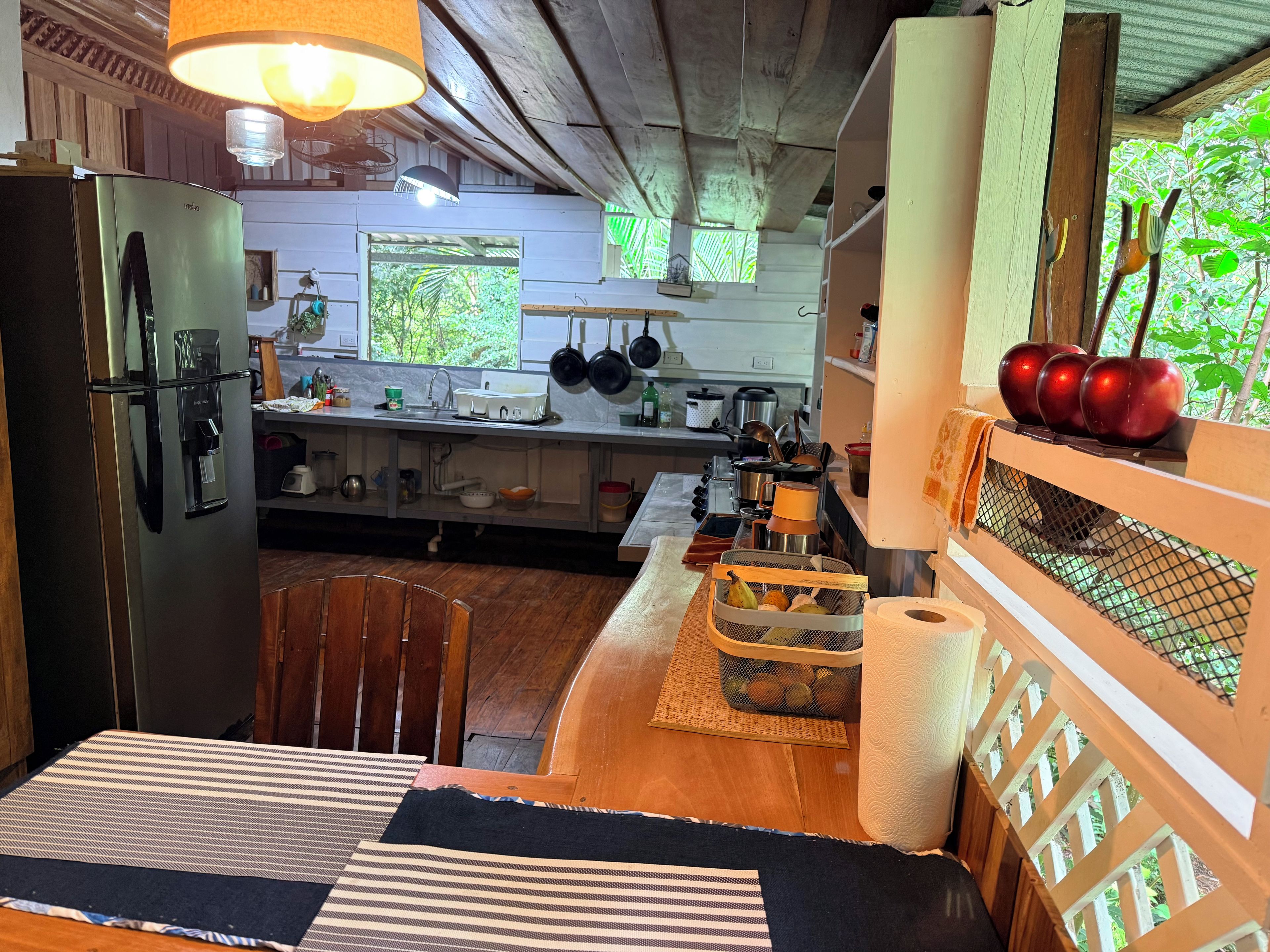 A kitchen with a refrigerator, stove, sink, and various kitchen utensils.