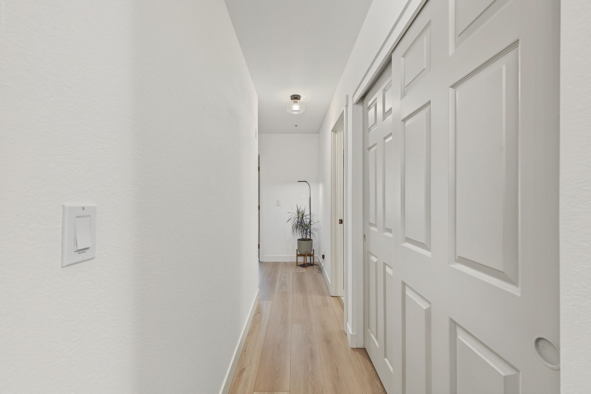 A hallway with white walls, wooden flooring, and a door with a traditional design.