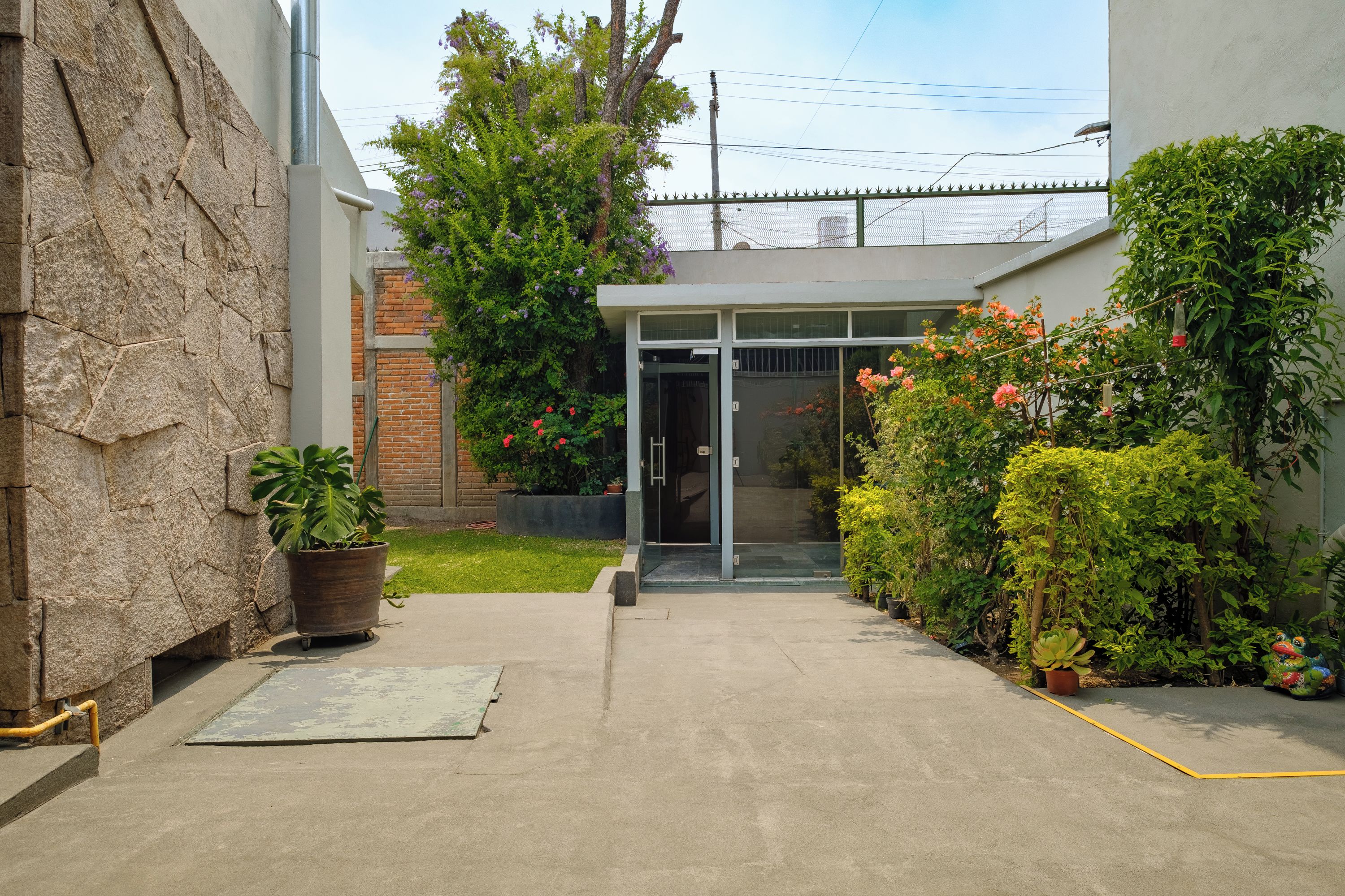 A modern building with a glass door entrance, a concrete pathway, and various potted plants.