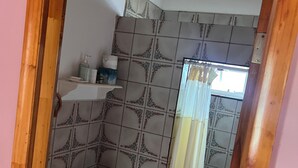 Un bany amb vàter, rentamig i zona de dutxa.