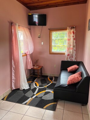Ein Zimmer mit einer schwarzen Couch, rosafarbenen Kissen, einem kleinen Holztisch mit einer Vase, einem Fenster mit Vorhängen und einem an der Wand befestigten Flachbildfernseher.